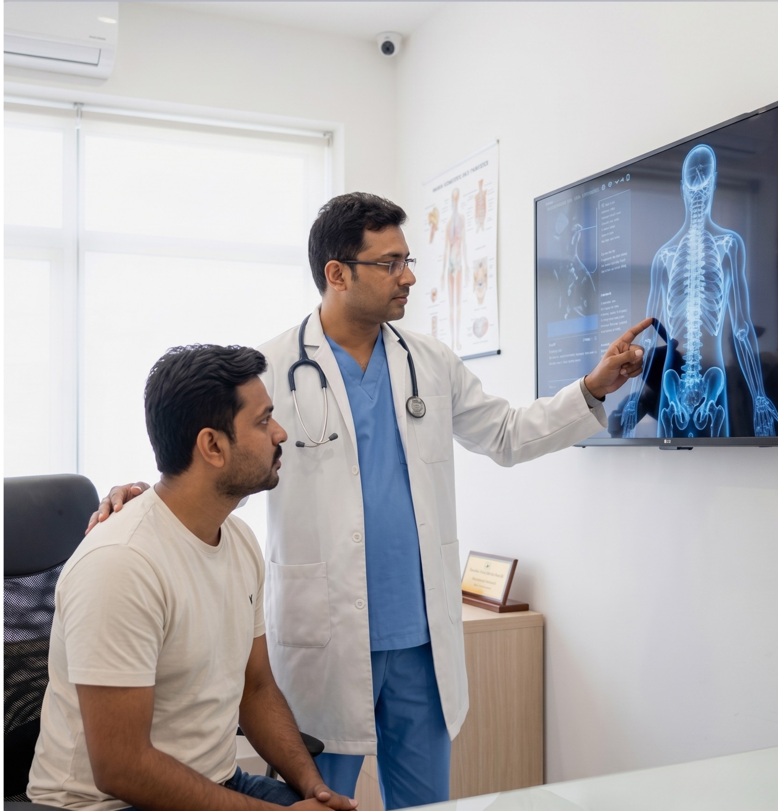 Doctor explaining spine X-ray to patient
