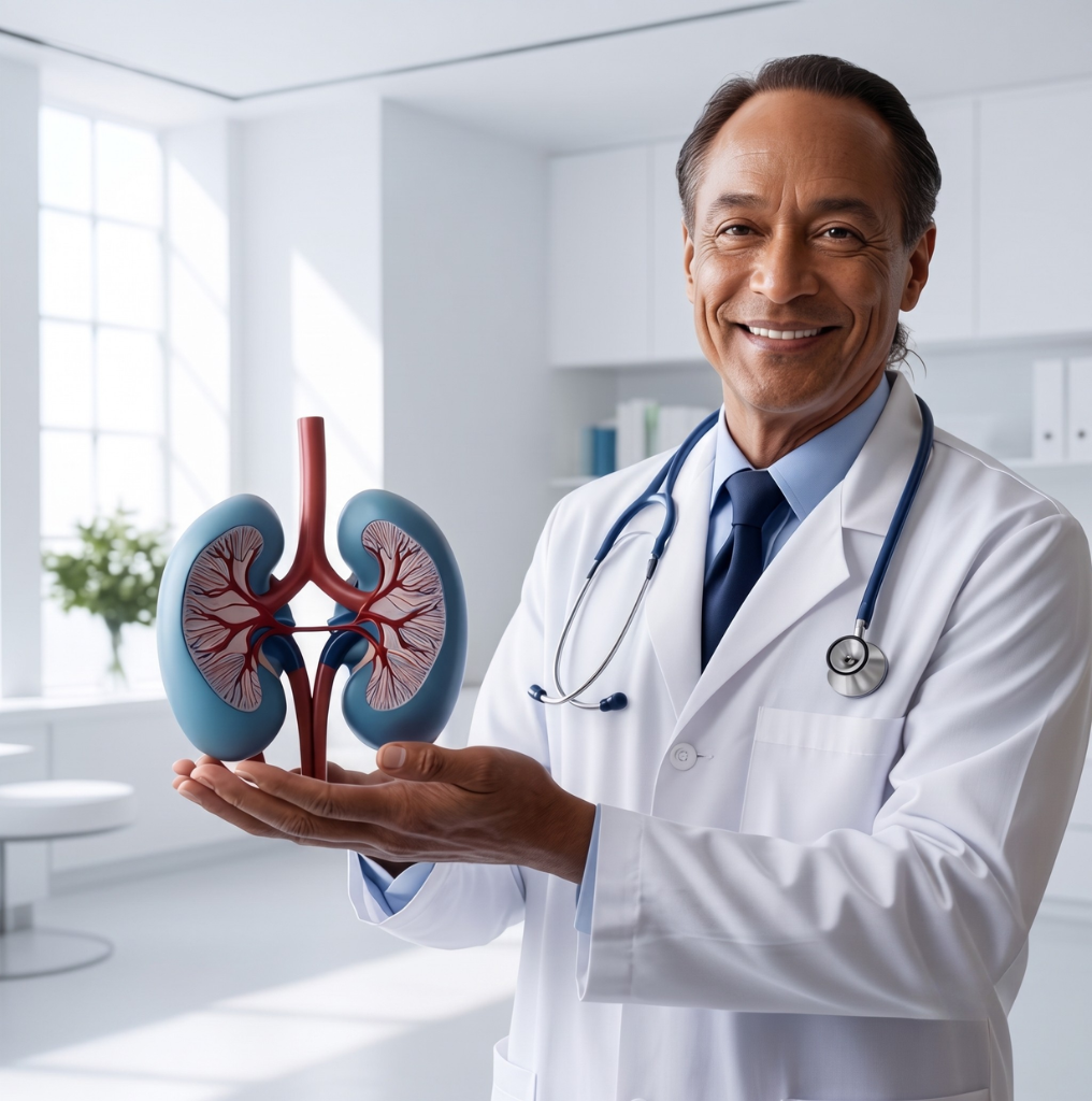 Doctor holding kidney anatomical model